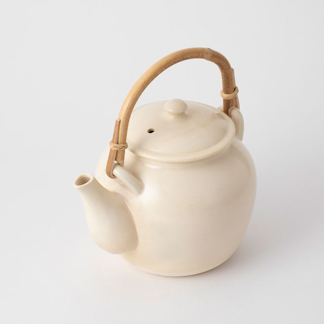 Banko-yaki Direct-Flame Teapot with Rattan Handle - White Glaze